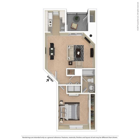 A floor plan of an apartment with a kitchen, living room, and two bedrooms.